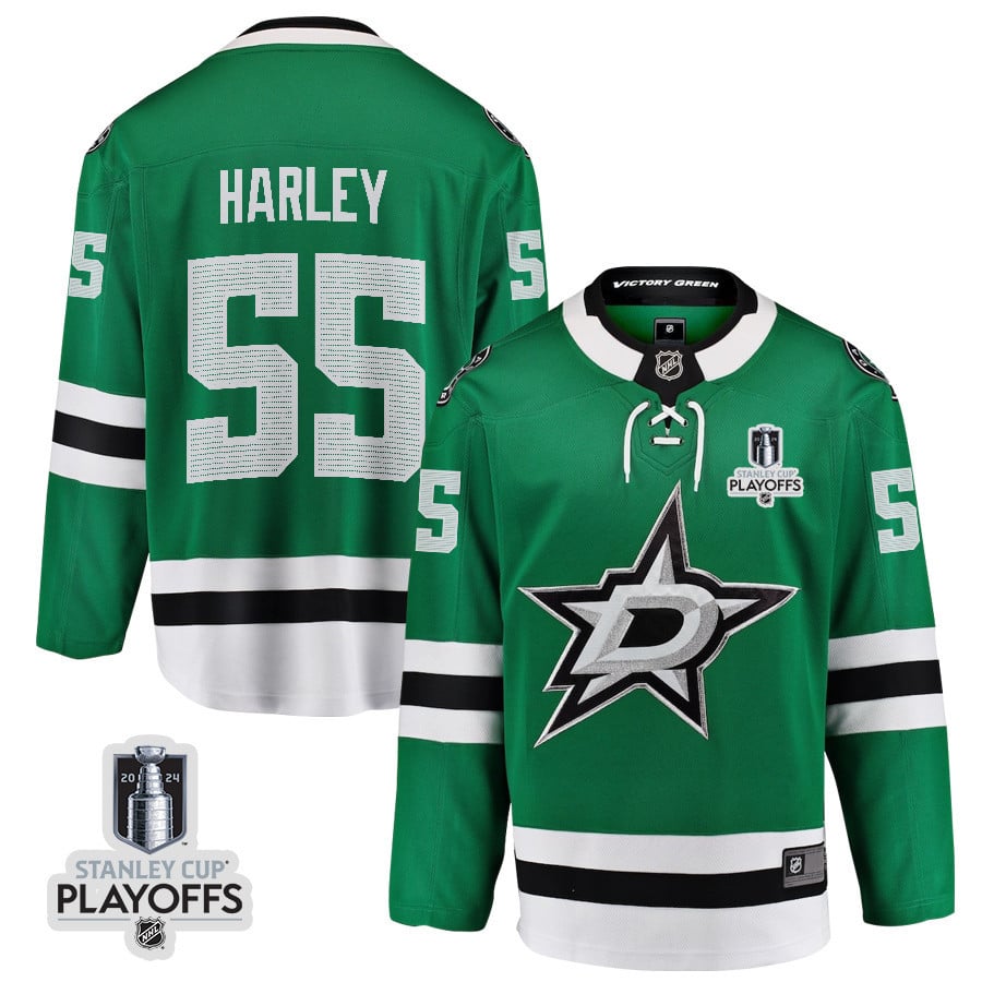 Thomas Harley 55 Dallas Stars 2024 NHL Playoffs Patch Home Jersey - Men, Green - JS316 