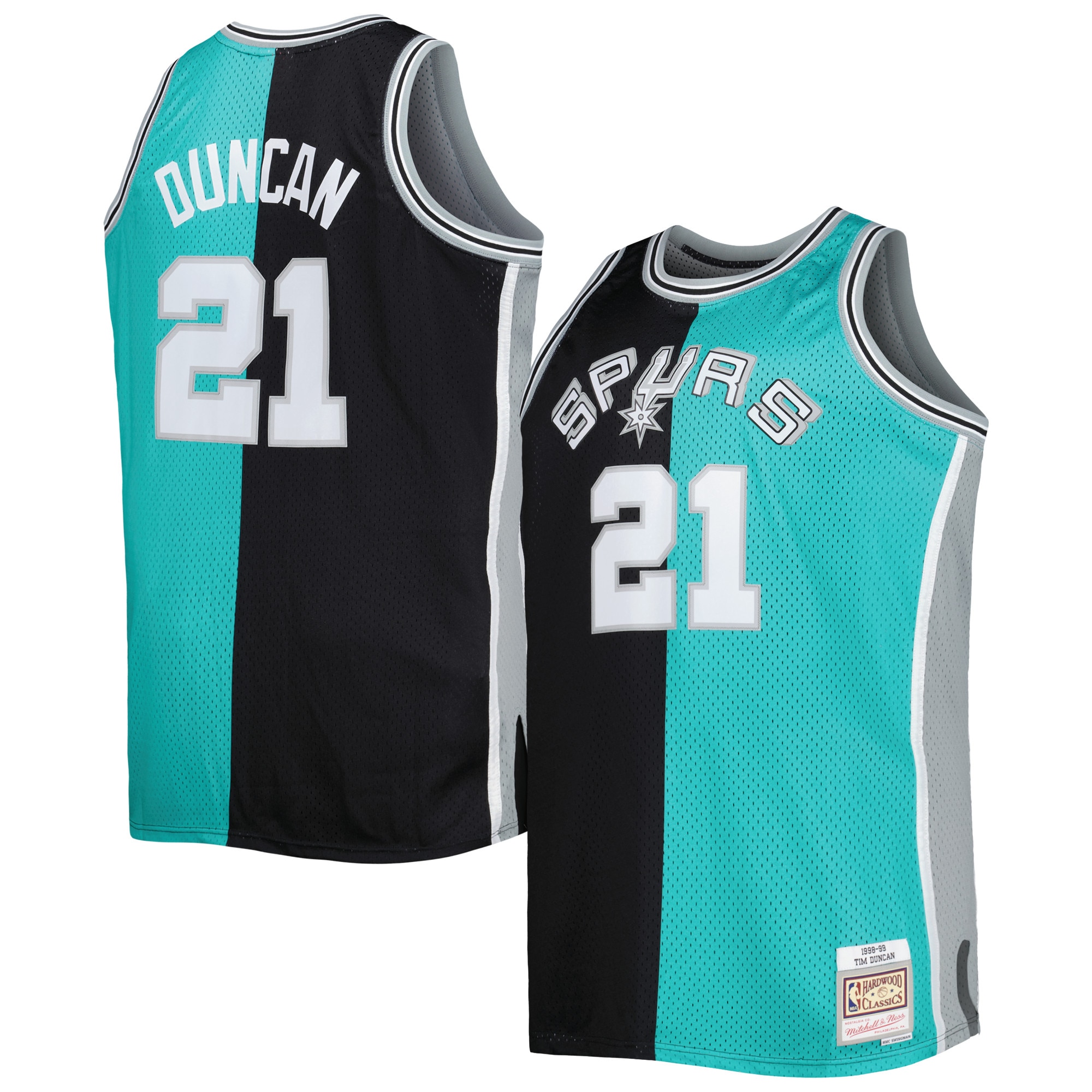 Tim Duncan San Antonio Spurs Mitchell & Ness Big & Tall Hardwood Classics 1998/99 Split Swingman Jersey - Black/teal