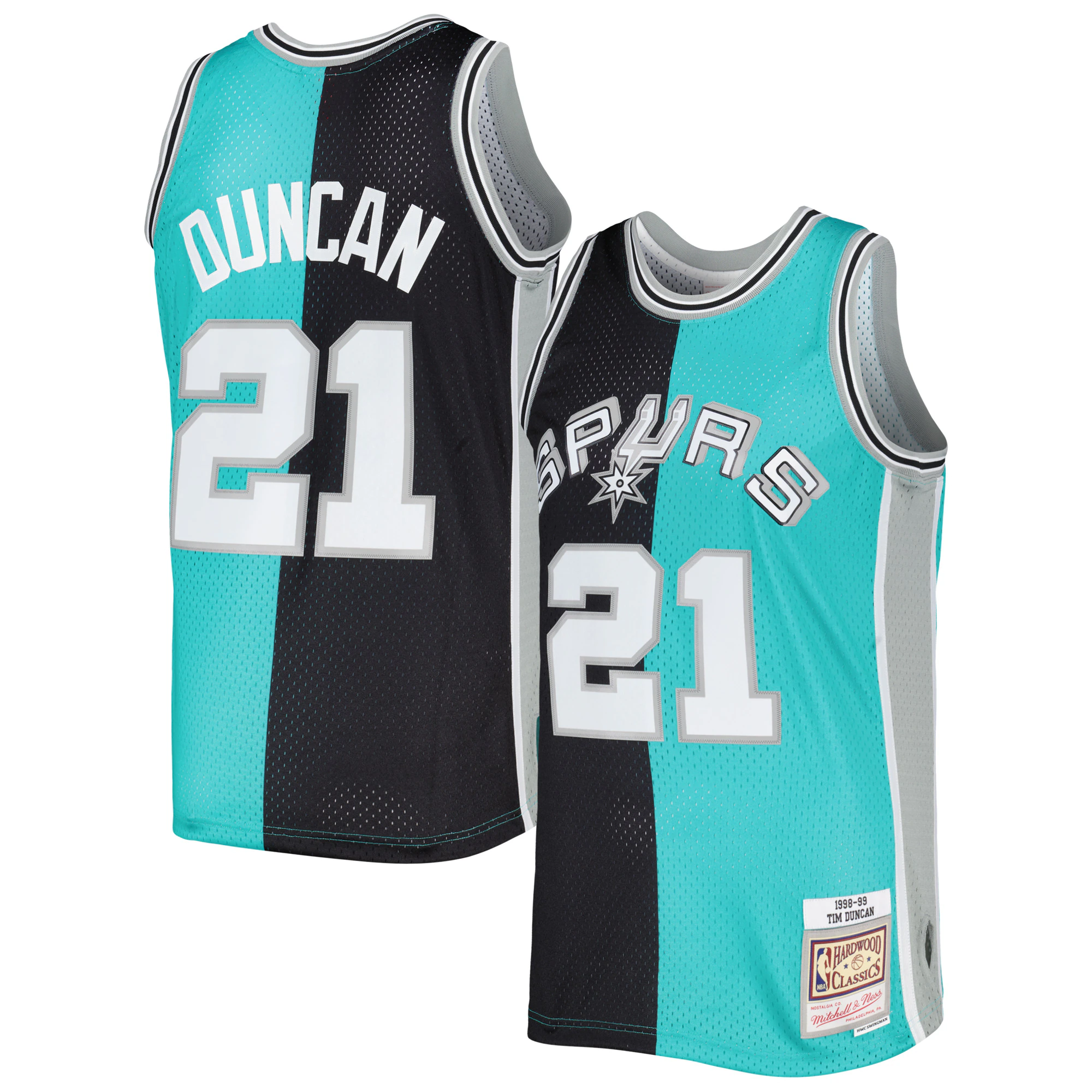 Tim Duncan San Antonio Spurs Mitchell & Ness Hardwood Classics 1998/99 Split Swingman Jersey - Black/teal