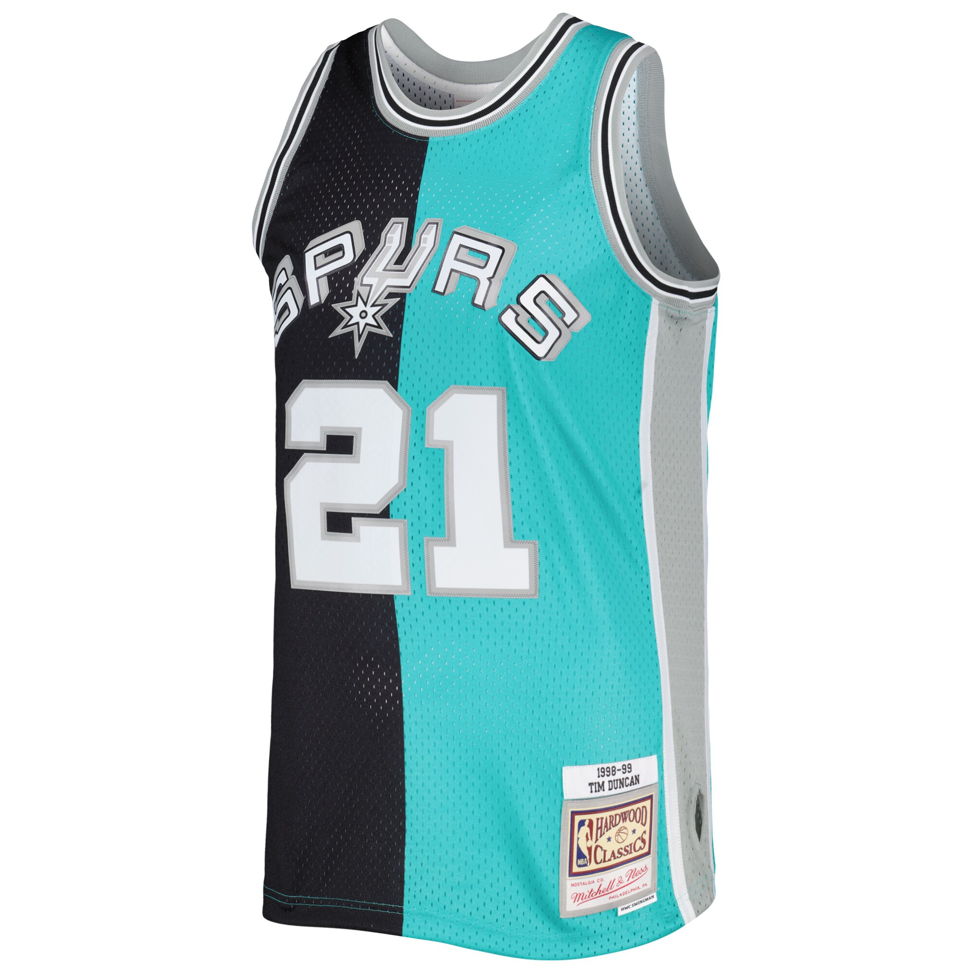 Alternative view of Tim Duncan San Antonio Spurs Mitchell & Ness Hardwood Classics 1998/99 Split Swingman Jersey - Black/teal