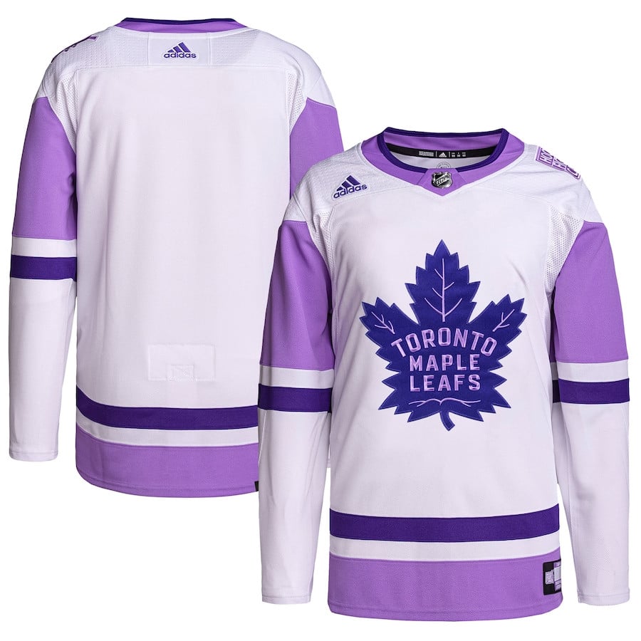 Toronto Maple Leafs Hockey Fights Cancer Primegreen Men Jersey - White/Purple - JS574 