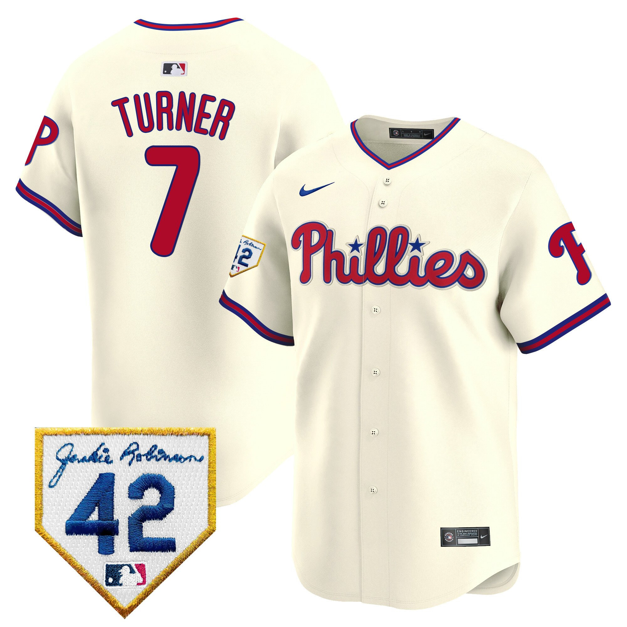 Trea Turner 7 Philadelphia Phillies 2024 Jackie Robinson Patch Men Jersey - Cream 