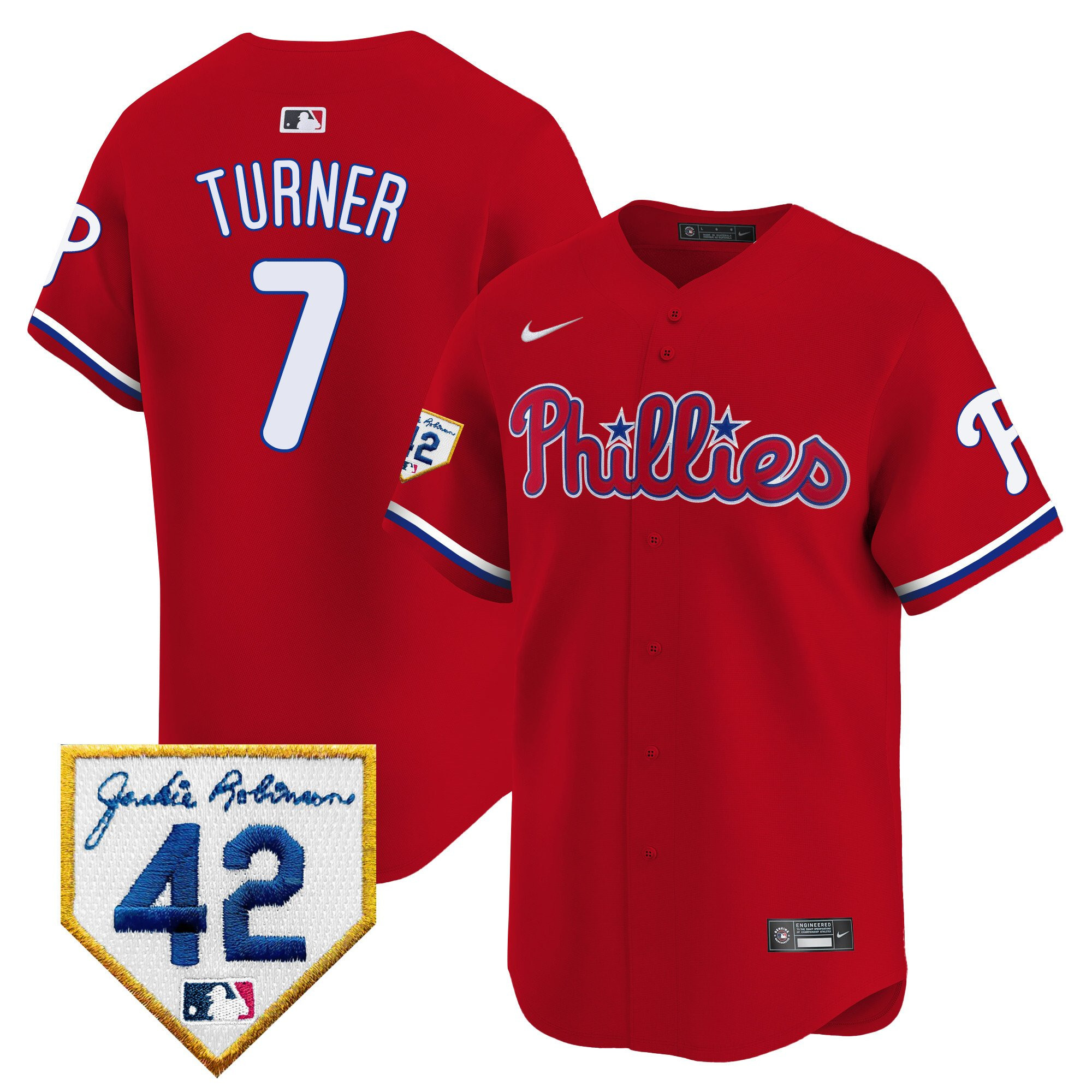 Trea Turner 7 Philadelphia Phillies 2024 Jackie Robinson Patch Men Jersey - Red 