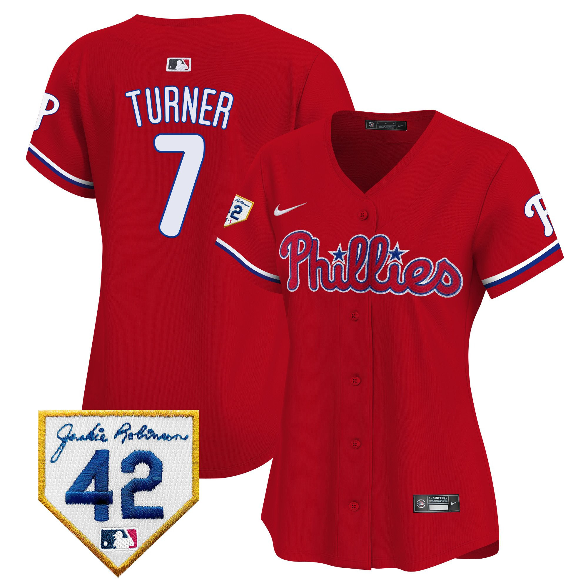 Trea Turner 7 Philadelphia Phillies 2024 Jackie Robinson Patch Women Jersey - Red 