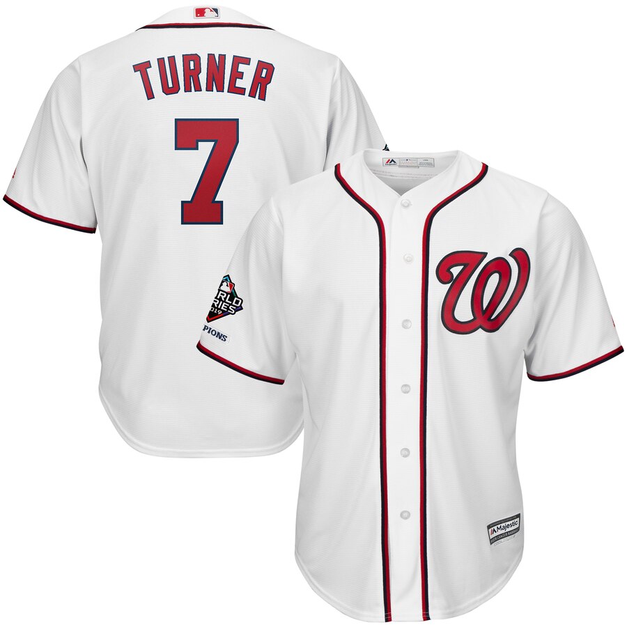 Trea Turner Washington Nationals Majestic 2019 World Series Champions Home Official Cool Base Bar Patch Player Jersey – White