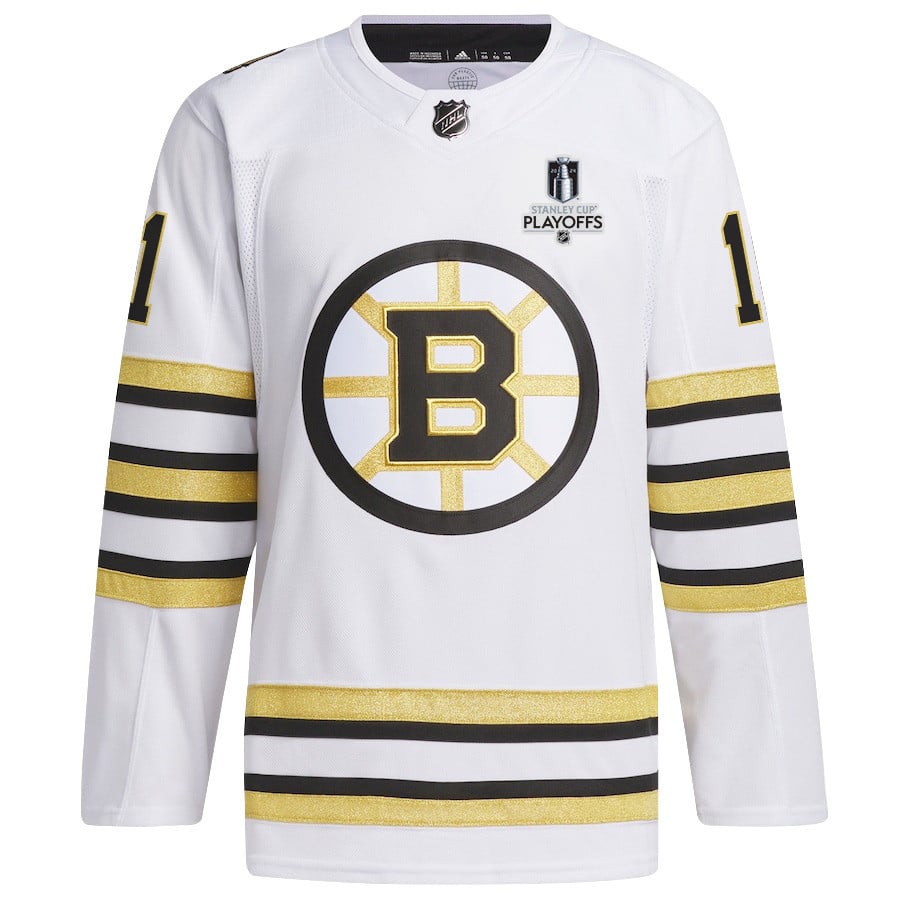 Alternative view of Trent Frederic 11 Boston Bruins 2024 NHL Playoffs Patch Away Jersey - Men, White - JS331 