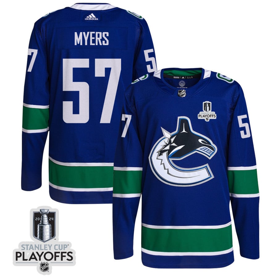 Tyler Myers 57 Vancouver Canucks 2024 NHL Playoffs Patch Home Jersey - Men, Blue - JS441 
