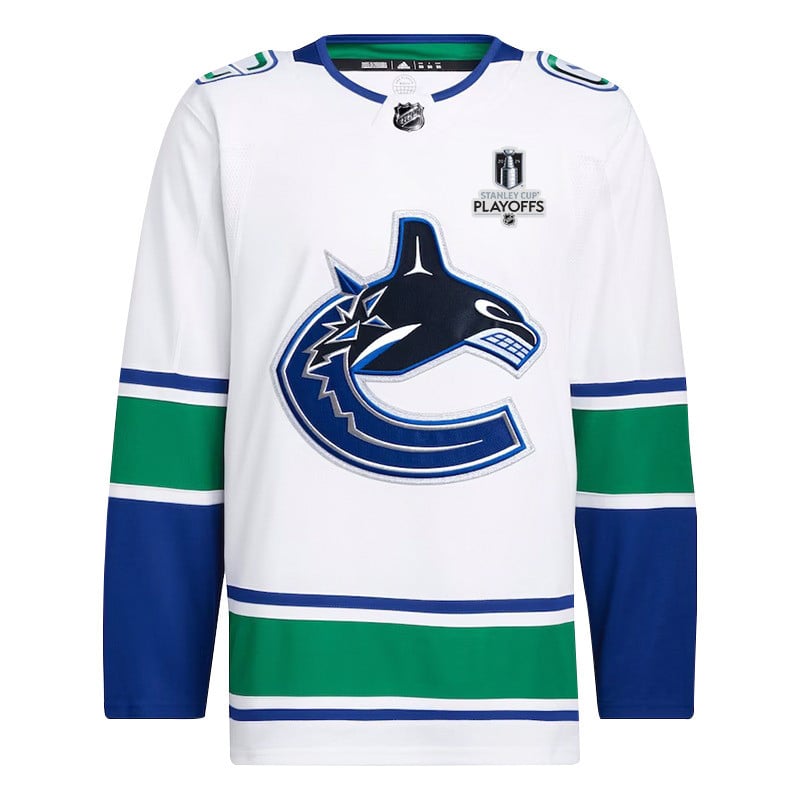 Alternative view of Vancouver Canucks 2024 NHL Playoffs Patch Away Jersey - Men, White - JS757 