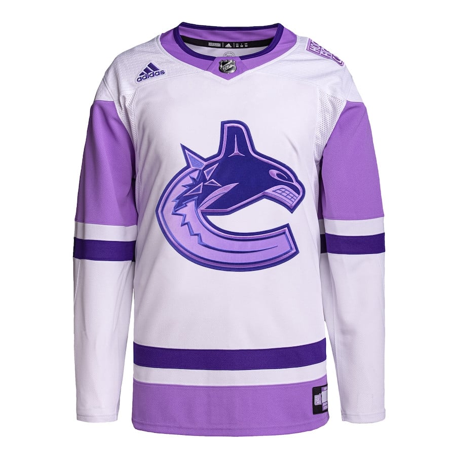 Alternative view of Vancouver Canucks Hockey Fights Cancer Primegreen Men Jersey - White/Purple - JS202 