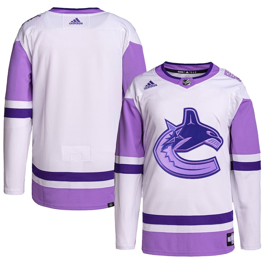 Vancouver Canucks Hockey Fights Cancer Primegreen Men Jersey - White/Purple - JS202 
