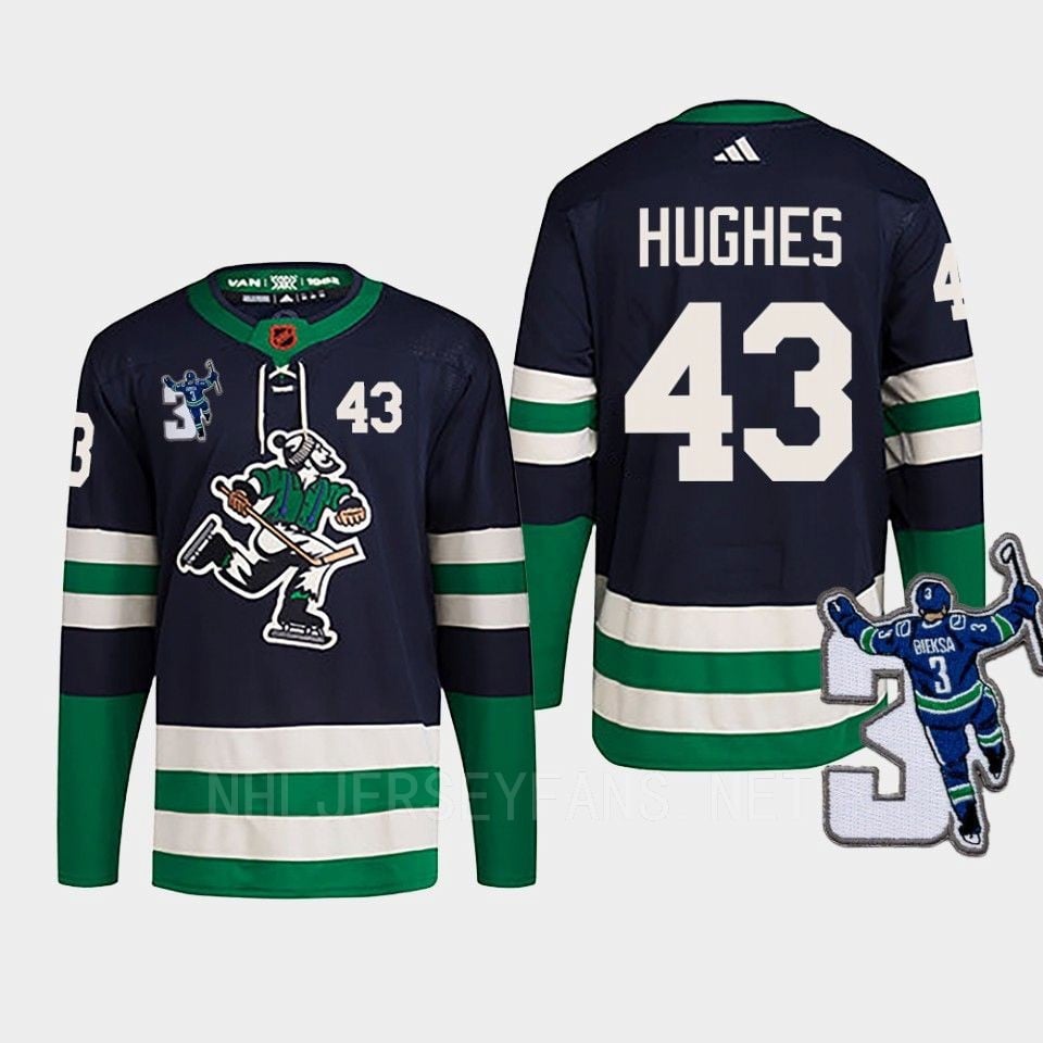 Vancouver Canucks Quinn Hughes 43 Navy Reverse Retro 2.0 Kevin Bieska Patch Jersey - JS182 