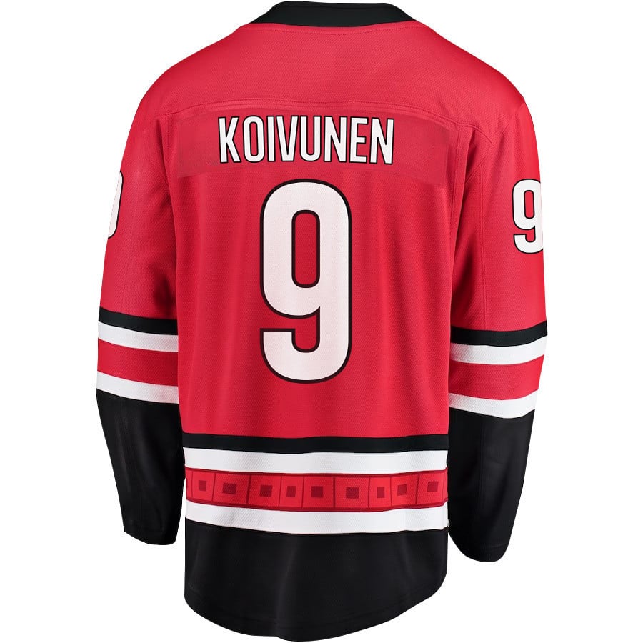 Alternative view of Ville Koivunen 9 Carolina Hurricanes Stanley Cup 2023 Playoffs Patch Home Breakaway Men Jersey - Red - JS972 