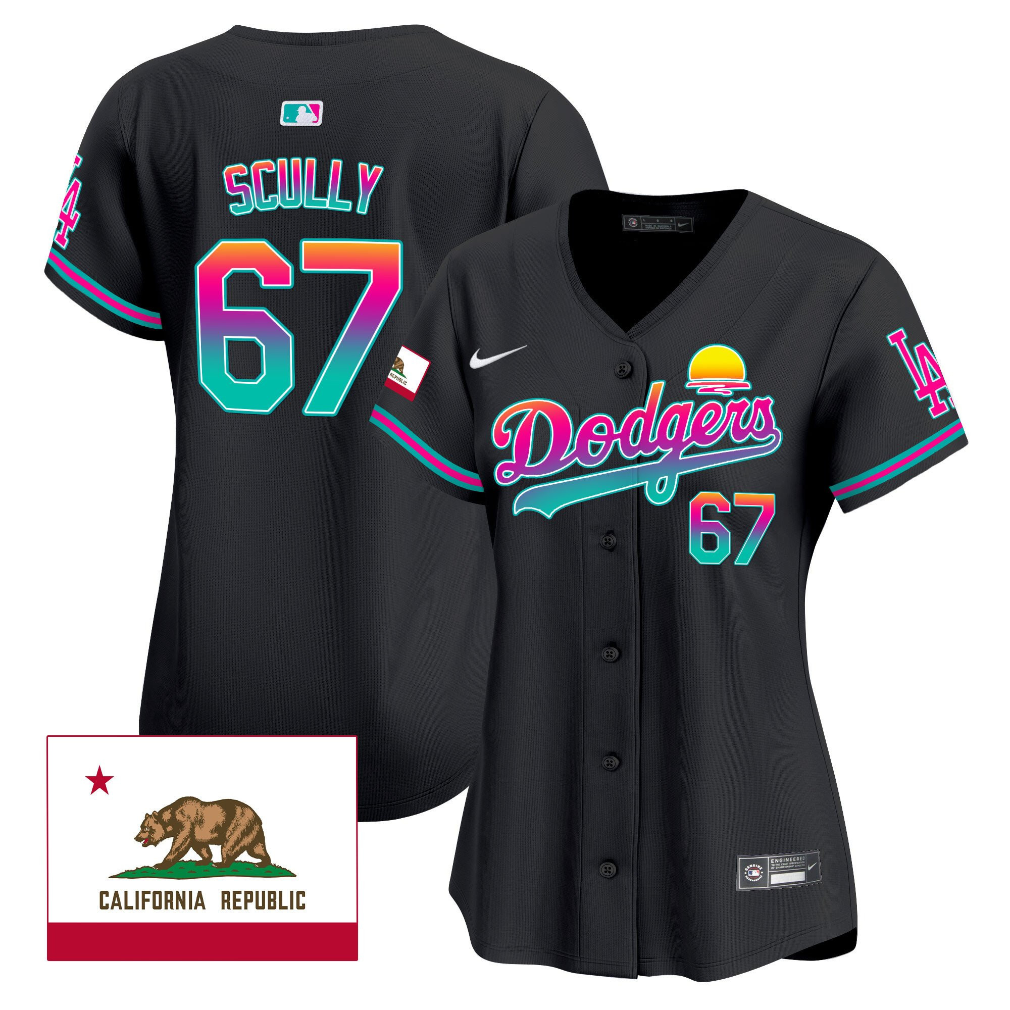 Vin Scully 67 Los Angeles Dodgers 2024 Los Angeles City Style California Republic Patch Women Jersey - Black 