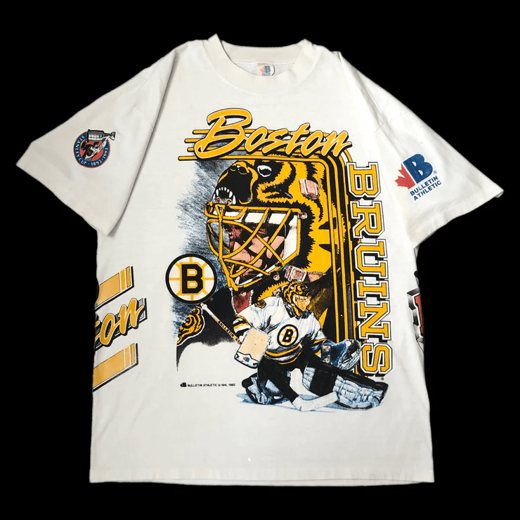 Vintage 1992 Boston Bruins Bulletin Athletic All Over Print T-Shirt - White - JS883 