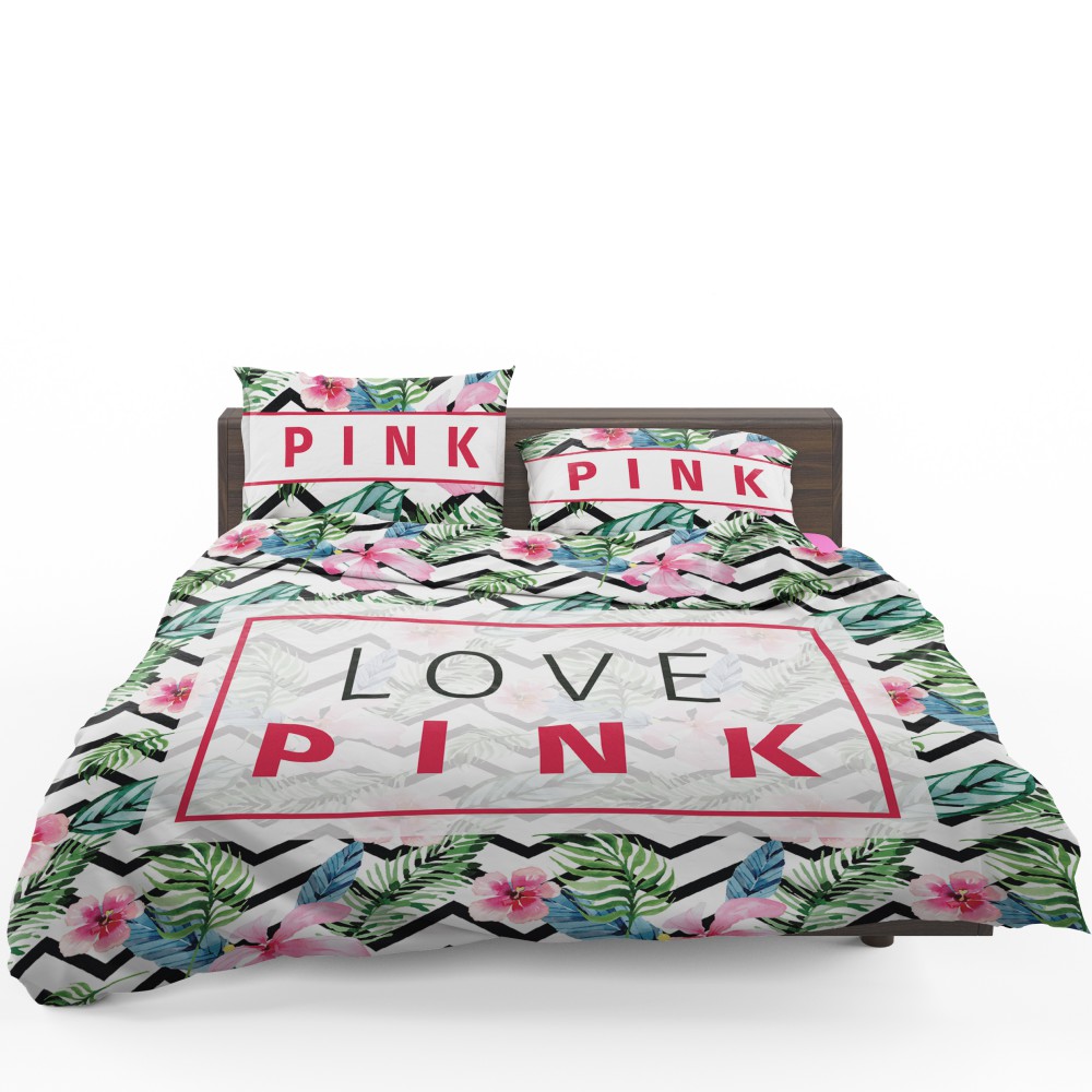 Alternative view of VS Love Pink Modern Pattern With Tropical Watercolor Flowers Bedding Set - Custom Bedding Set