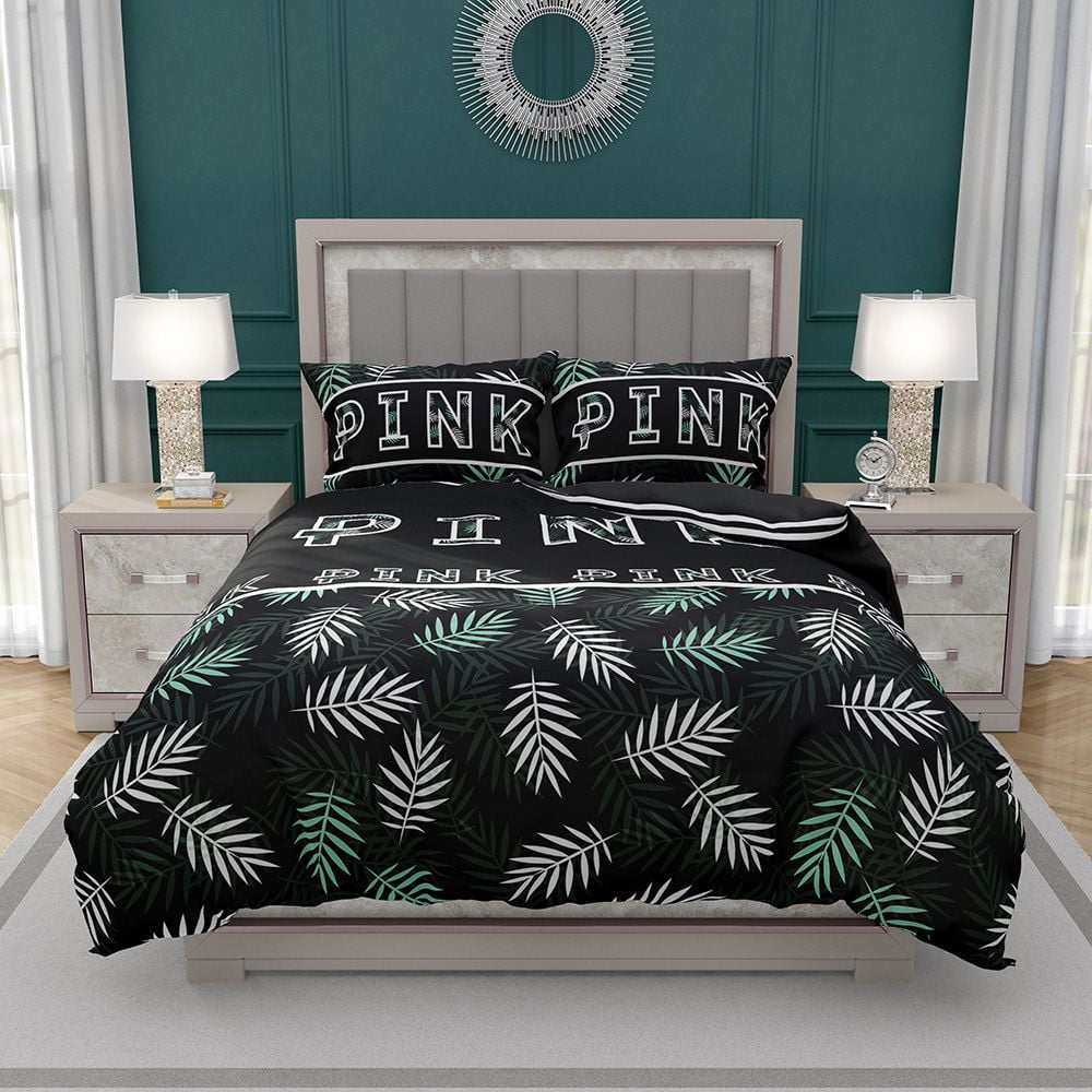 VS Pink Pattern With Green And White Palm Leaves Bedding Set - Custom Bedding Set