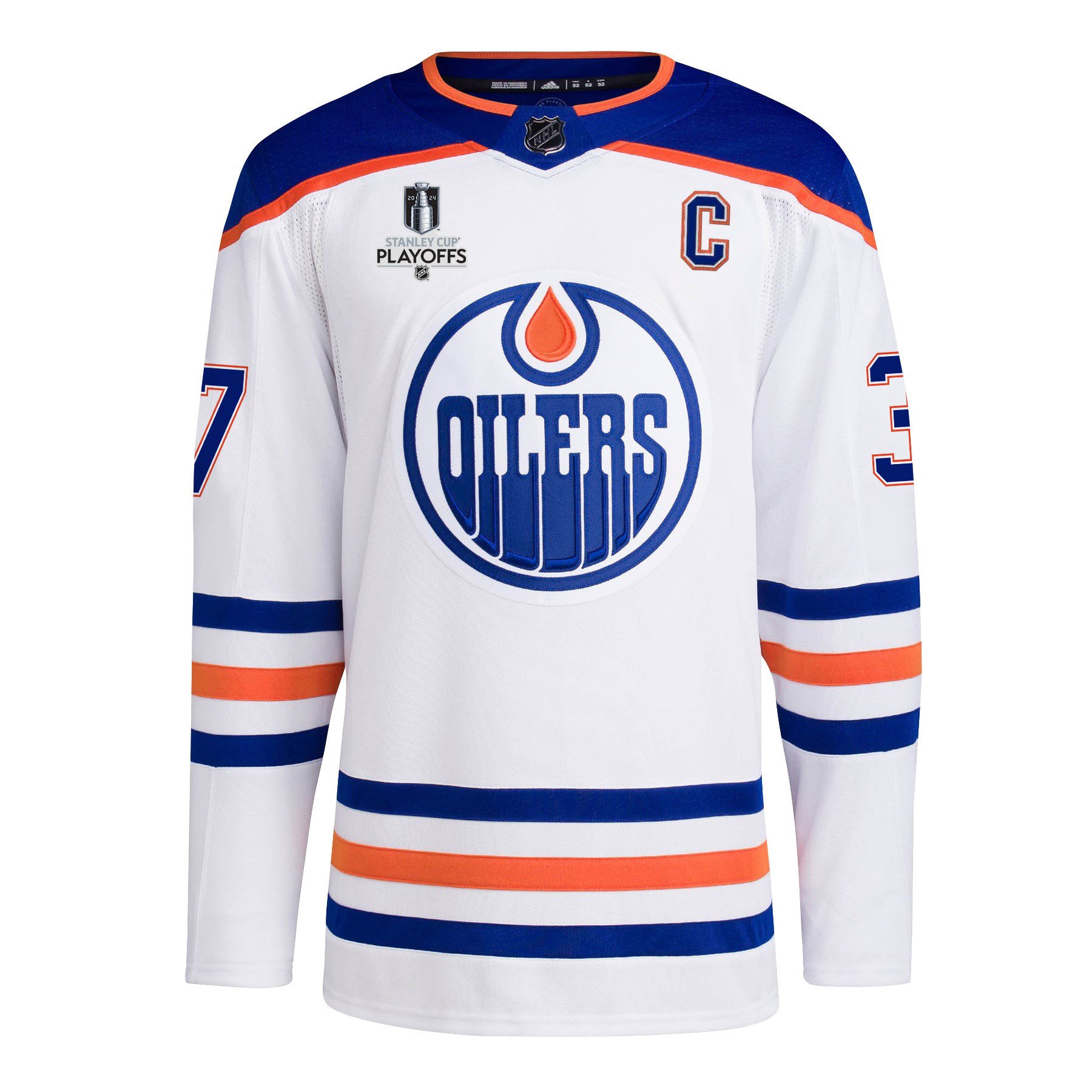 Alternative view of Warren Foegele 37 Edmonton Oilers 2024 NHL Playoffs Patch Away Jersey - Men, White - JS565 