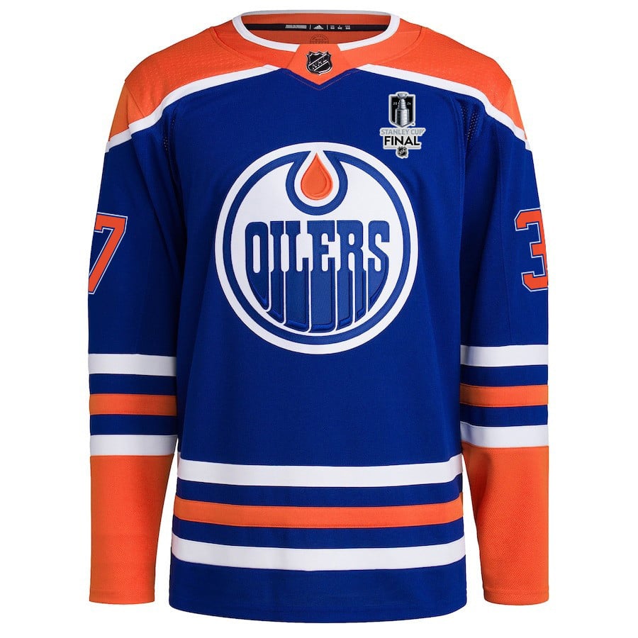 Alternative view of Warren Foegele 37 Edmonton Oilers 2024 STANLEY CUP Final Home Primegreen Jersey - Men, Royal - JS785 