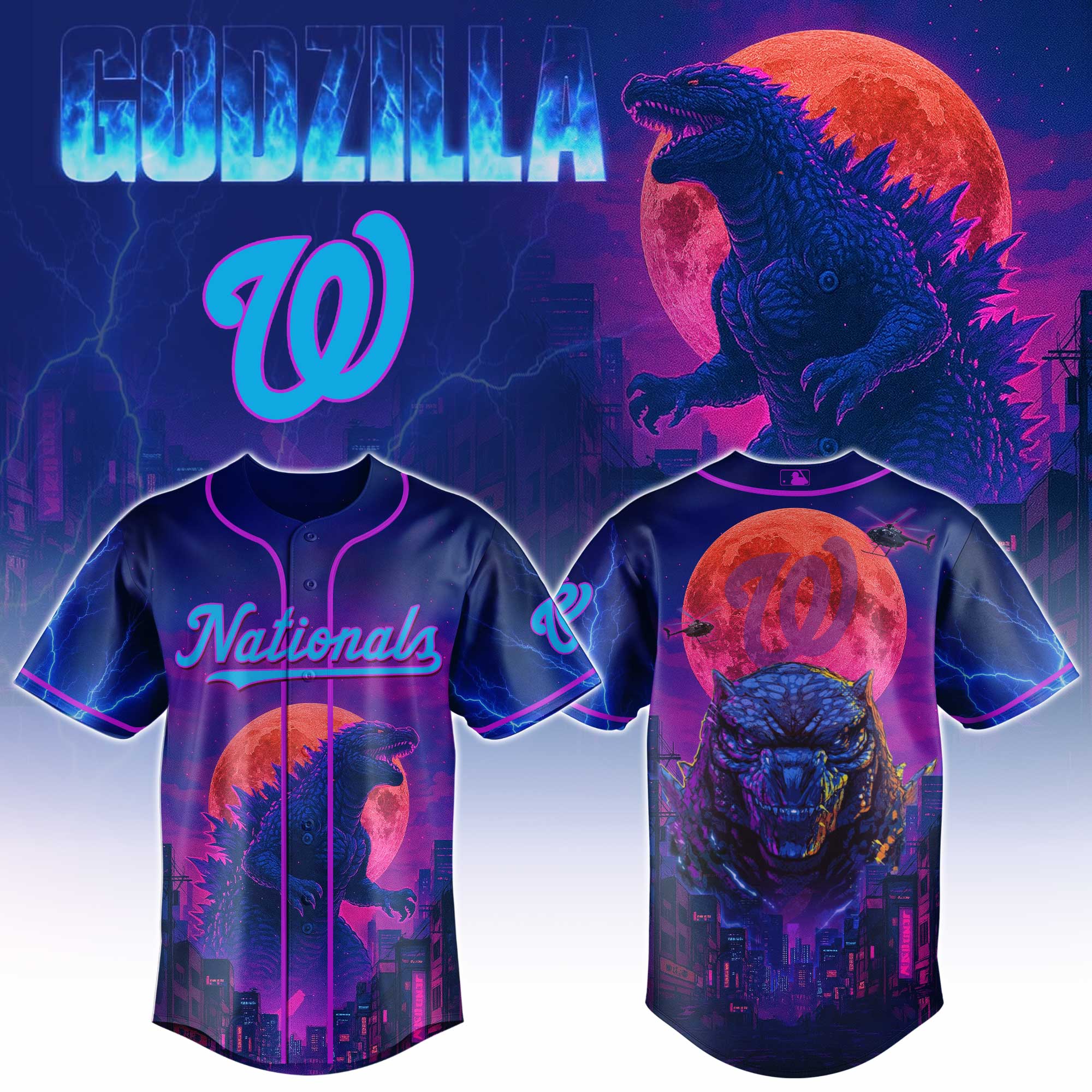 Washington Nationals Mlb X Godzilla Neon City Custom Baseball Jersey