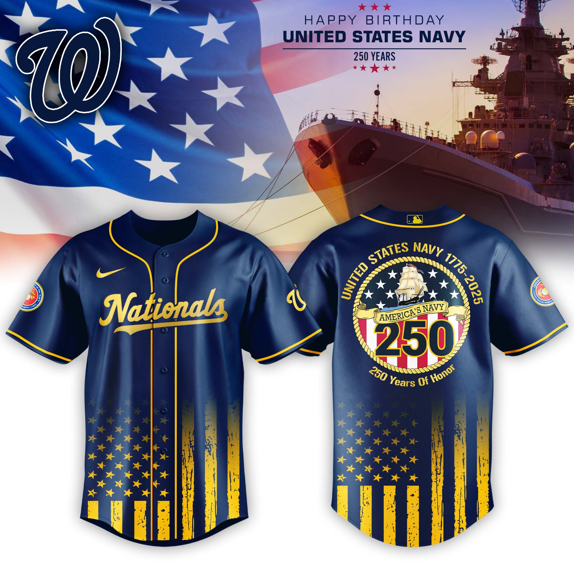 Washington Nationals Mlb X Usa Happy Birthday Usa Navy Custom Baseball Jersey