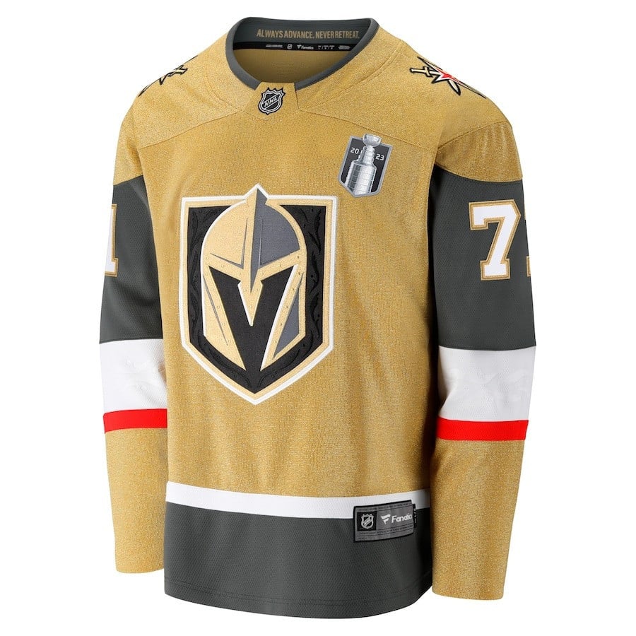 Alternative view of William Karlsson 71 Vegas Golden Knights 2023 Stanley Cup Final Home Breakaway Player Jersey - Gold - JS702 