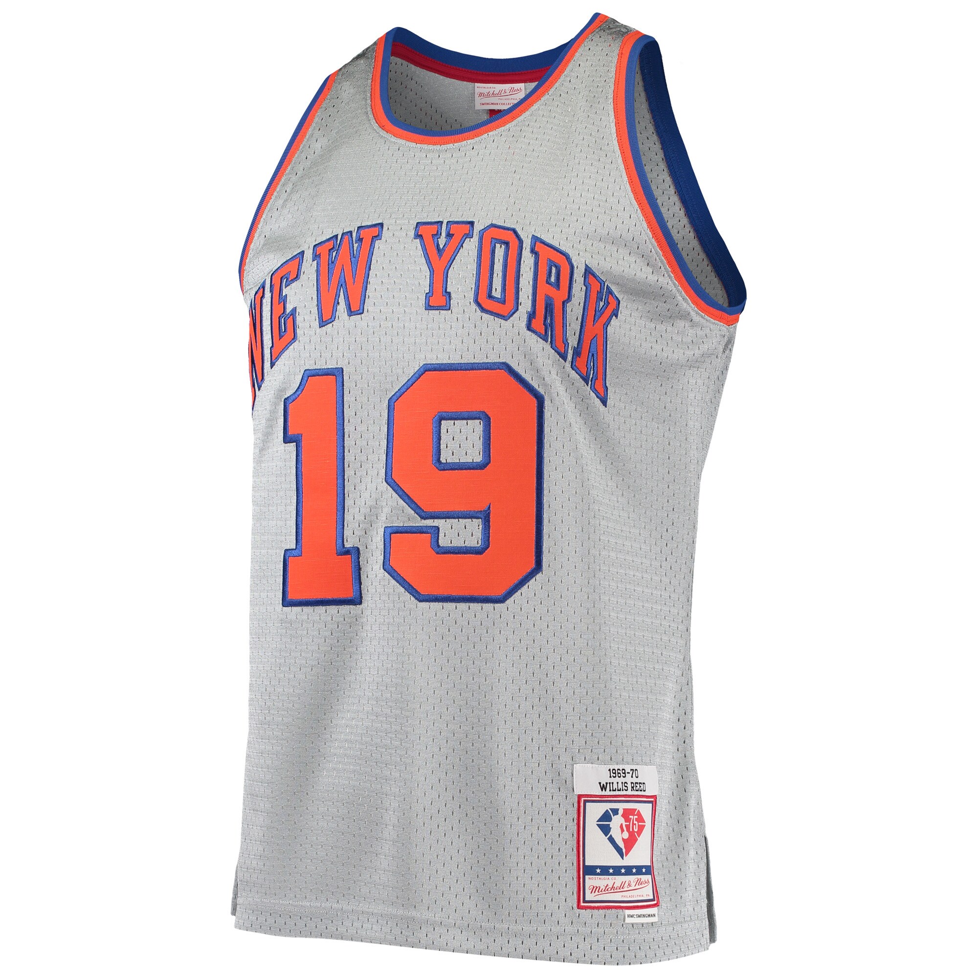 Alternative view of Willis Reed New York Knicks Mitchell & Ness 75th Anniversary 1969/70 Hardwood Classics Swingman Jersey - Silver