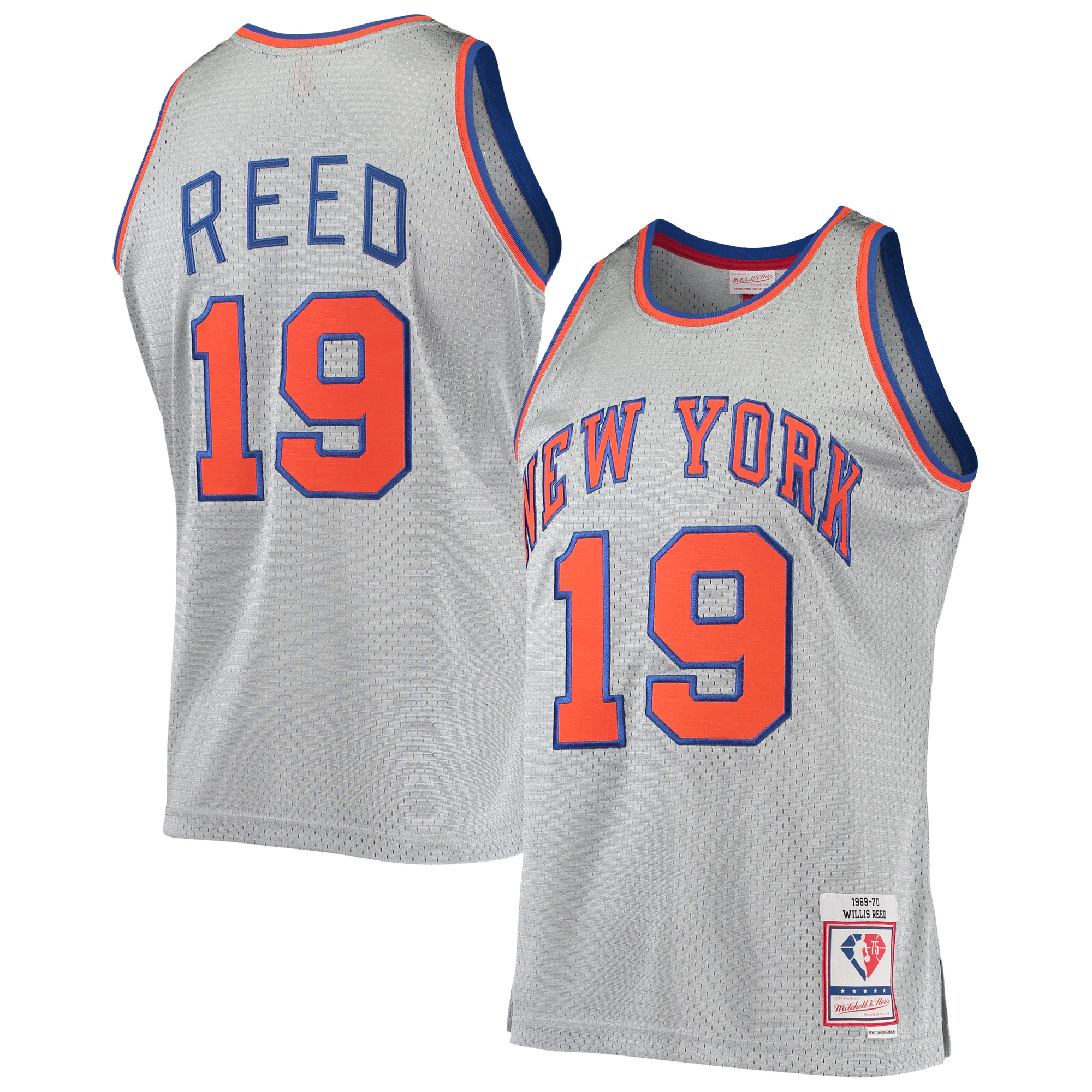 Alternative view of Willis Reed New York Knicks Mitchell & Ness 75th Anniversary 1969/70 Hardwood Classics Swingman Jersey - Silver