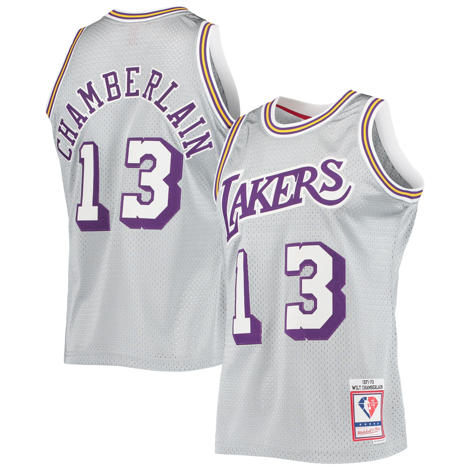 Alternative view of Wilt Chamberlain Los Angeles Lakers Mitchell & Ness 75th Anniversary 1971/72 Hardwood Classics Swingman Jersey - Silver