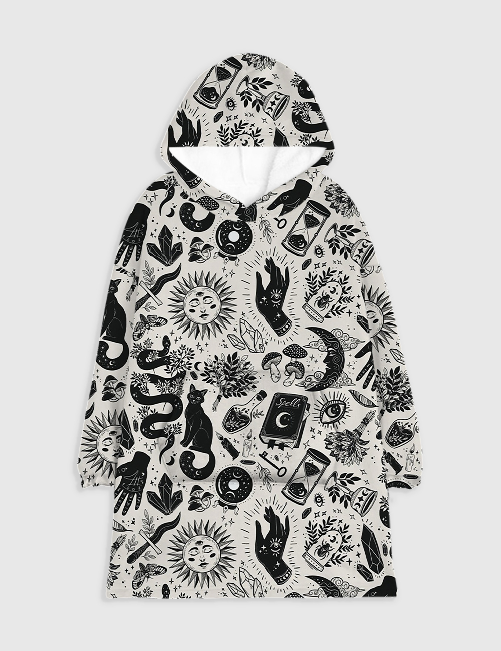 Witchy Things In Black And White Halloween Cat Flannel Blanket Hoodie