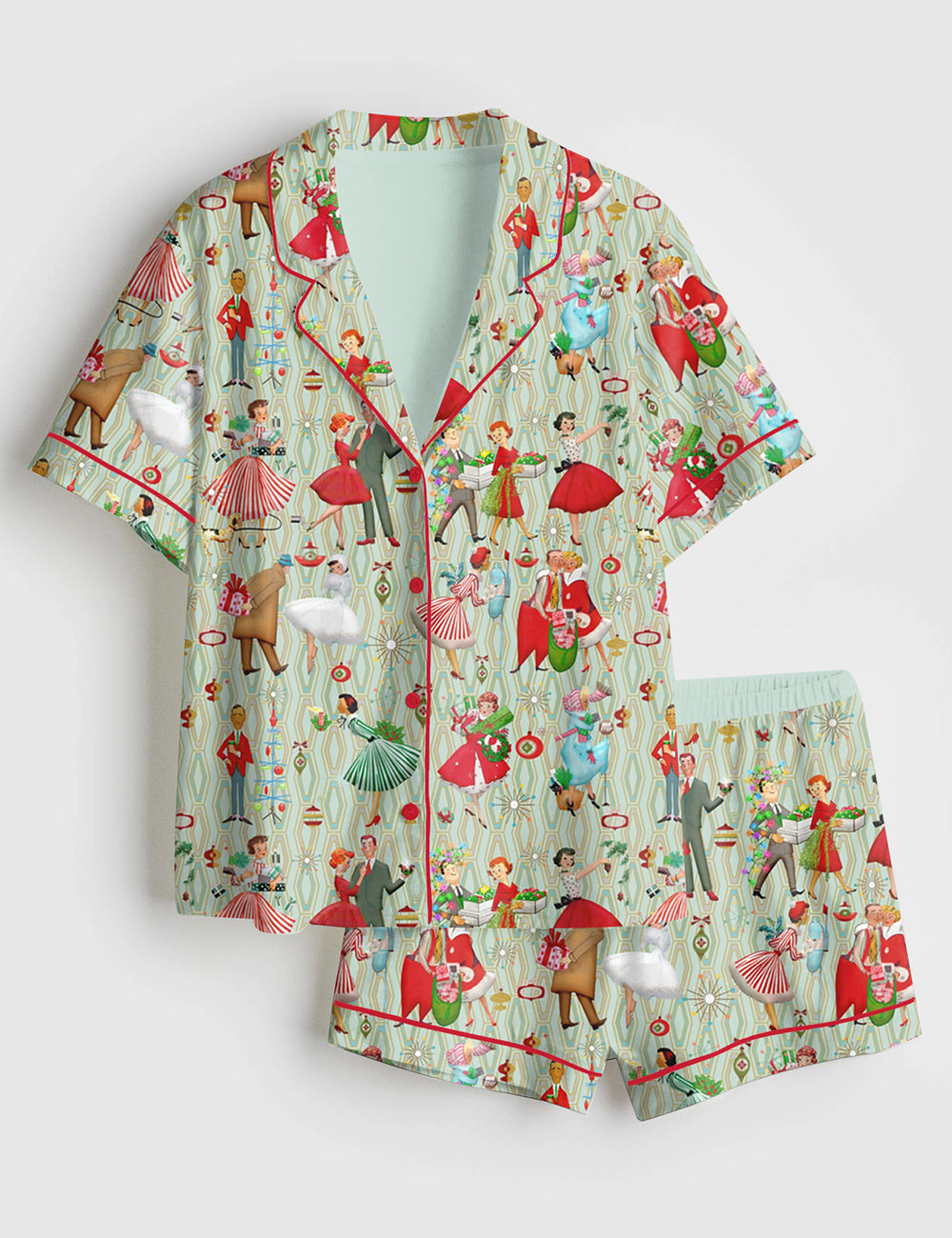 Women's 1950s Retro Vintage ChristmasÂ Short Sleeve Satin Pajama Set