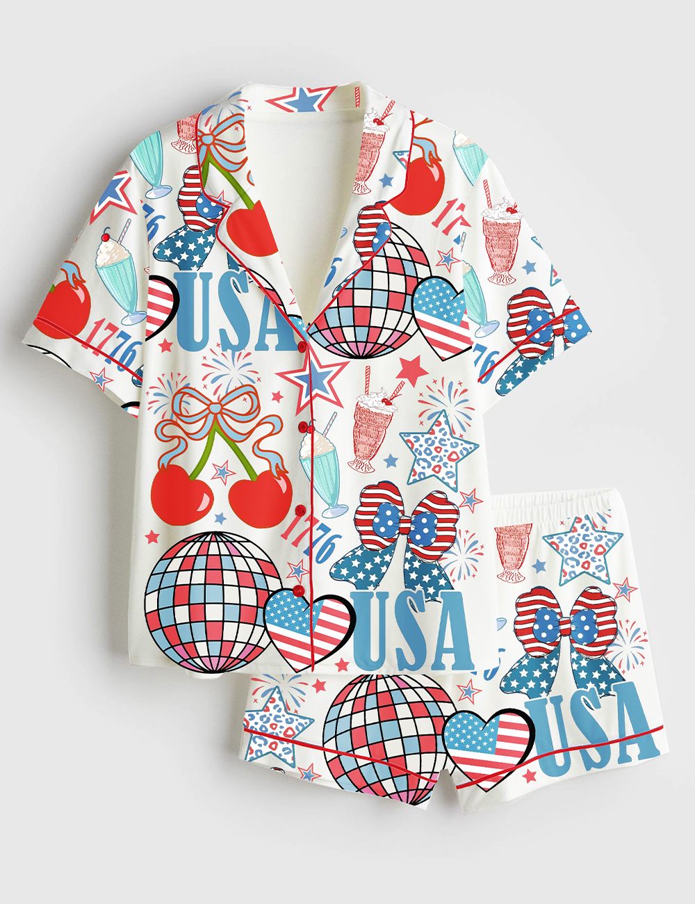 Women's 4th Of July 1776 Patriotic Cherry Bow America Coquette Wine Short Sleeve Satin Pajama Set