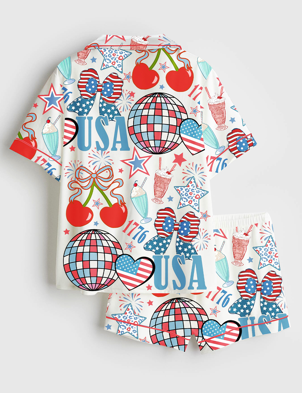Alternative view of Women's 4th Of July 1776 Patriotic Cherry Bow America Coquette Wine Short Sleeve Satin Pajama Set