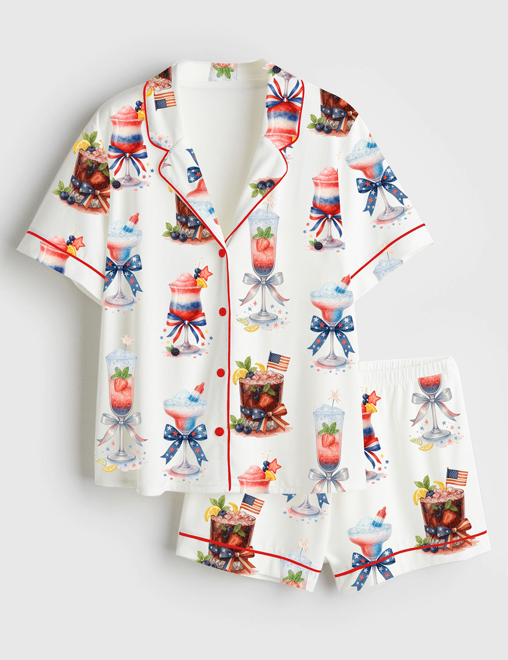 Women's 4th Of July Champagne Cocktail Patriotic Sparkler Cocktail Short Sleeve Satin Pajama Set