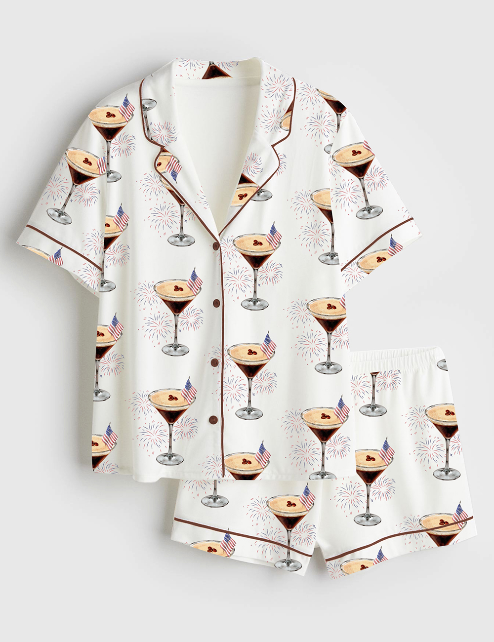 Women's 4th Of July Espresso Martini Retro Fireworks Short Sleeve Satin Pajama Set