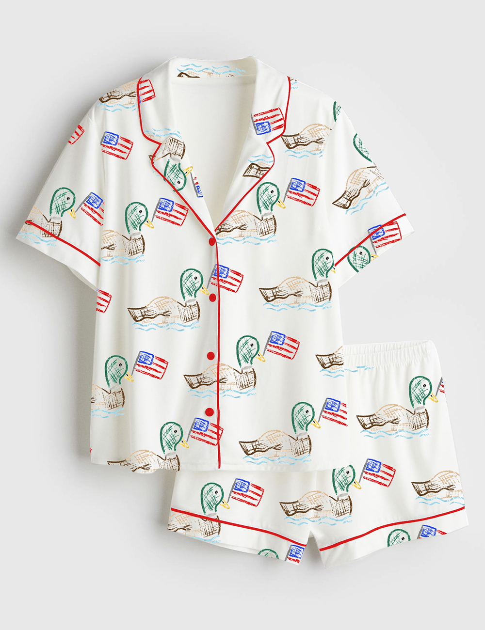 Women's 4th Of July Independence Day Patriotic USA Ducks Print Short Sleeve Satin Pajama Set