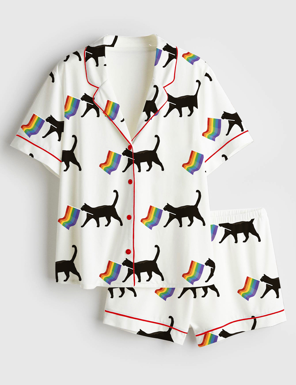 Women's A Little Gay Cat Friend Pride Month LGBT Pride Print Short Sleeve Satin Pajama Set