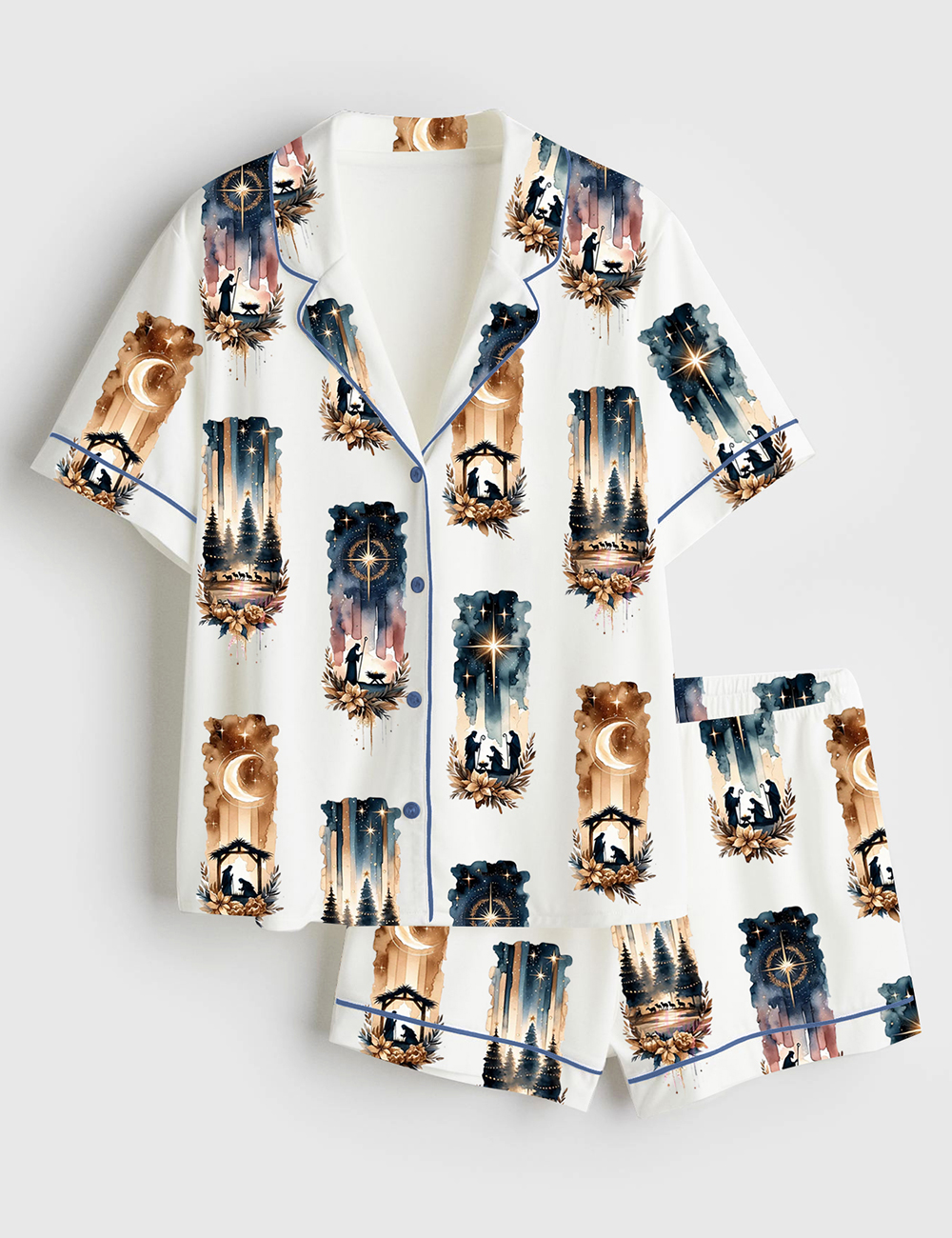 Women's A Savior Is Born Christmas Bow Nativity Christian Manger Jesus Birth Short Sleeve Satin Pajama Set