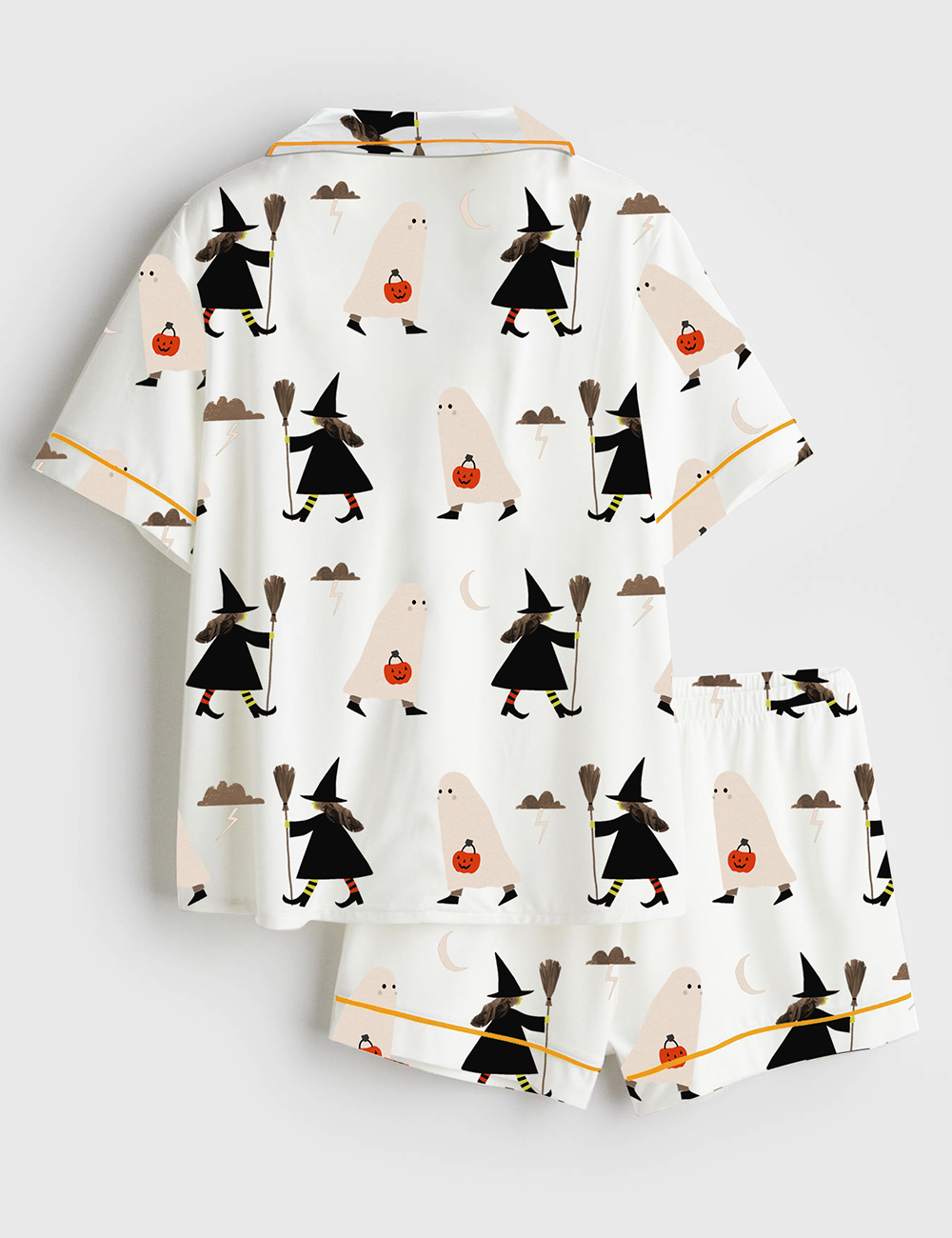 Alternative view of Women's A Witch Holding A Broom And A Ghost Holding A Pumpkin Halloween Short Sleeve Satin Pajama Set