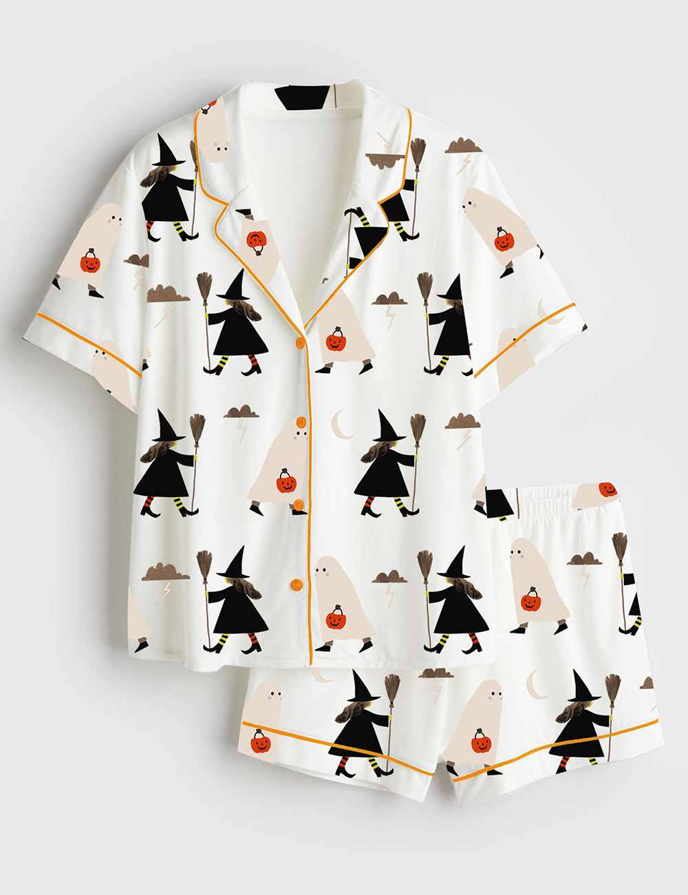 Women's A Witch Holding A Broom And A Ghost Holding A Pumpkin Halloween Short Sleeve Satin Pajama Set