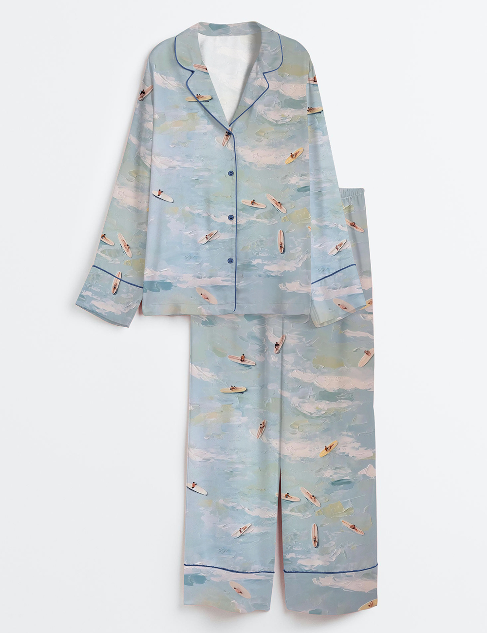 Women's Aerial Surfers Abstract Coastal Light Blue Ocean View With Mini Surfboards Long Sleeve Satin Pajama Set