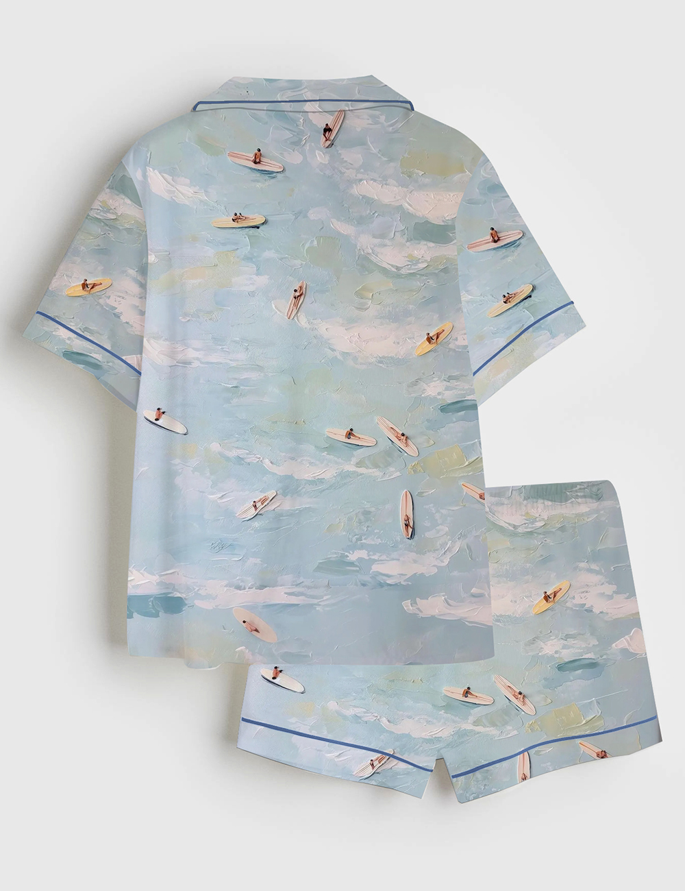 Alternative view of Women's Aerial Surfers Abstract Coastal Light Blue Ocean View With Mini Surfboards Short Sleeve Satin Pajama Set