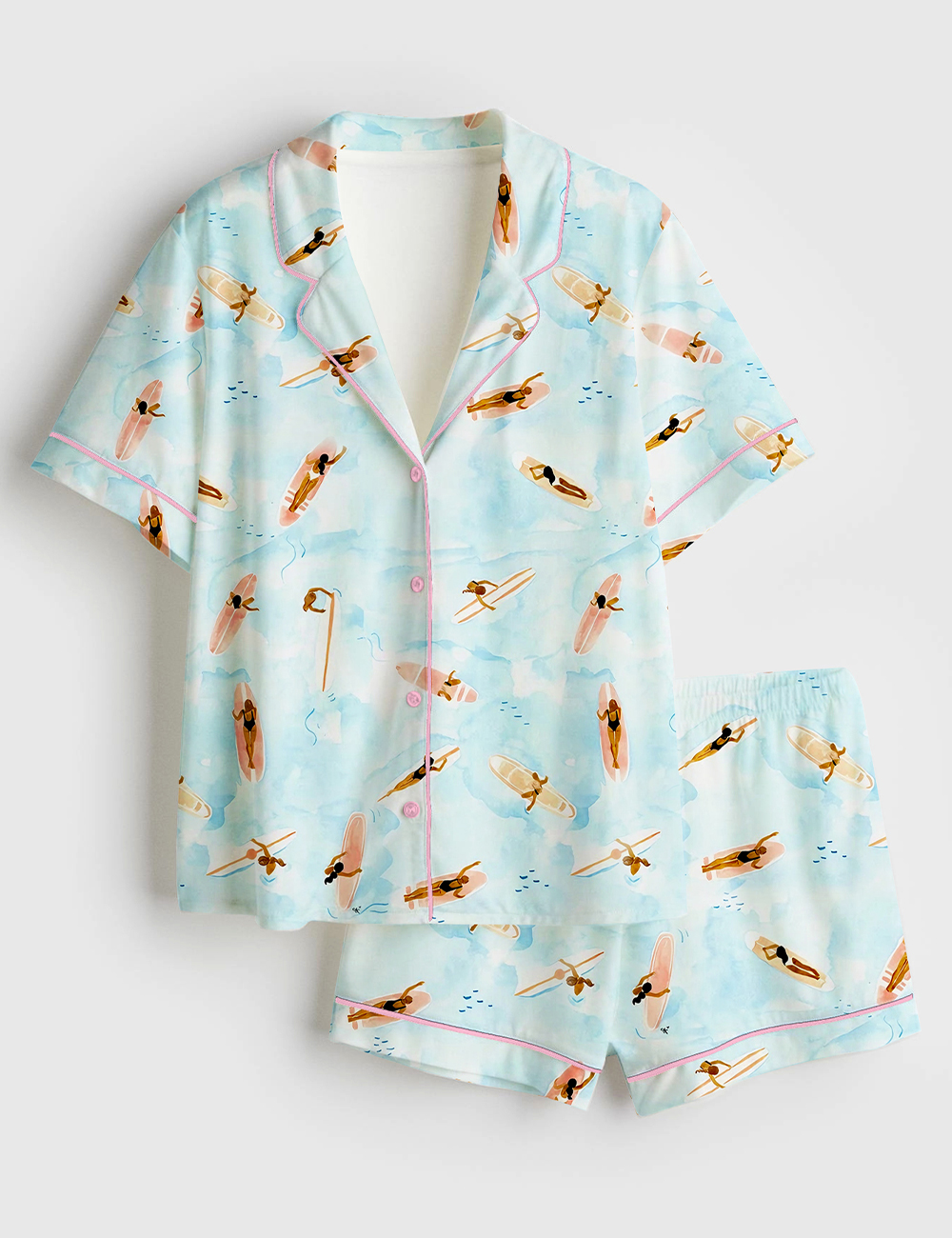 Women's Aerial Surfers Beach Boho Coastal Art Print Short Sleeve Satin Pajama Set