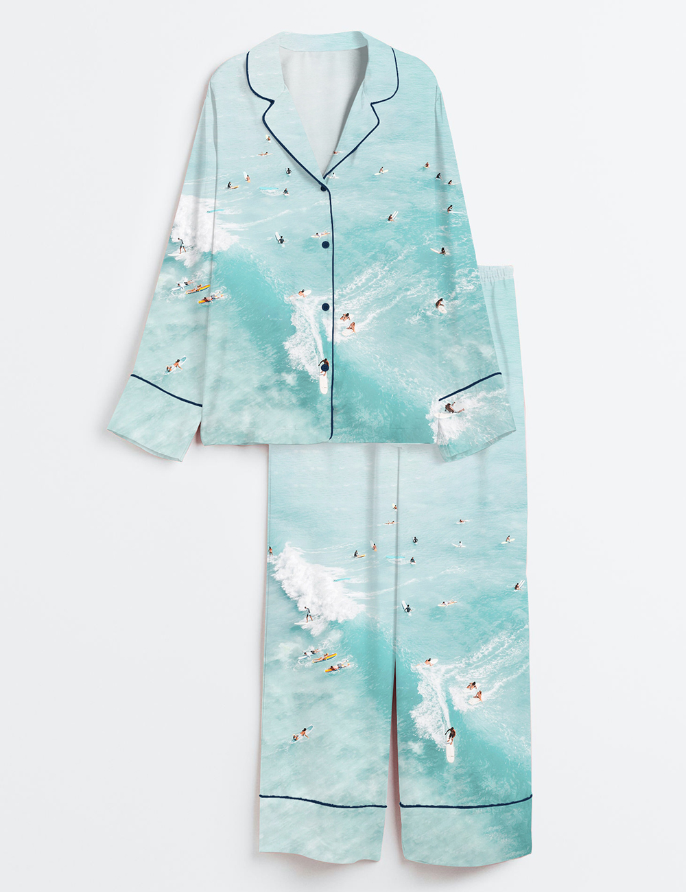 Women's Aerial Surfers Beach Boho Coastal Ocean Wave Long Sleeve Satin Pajama Set