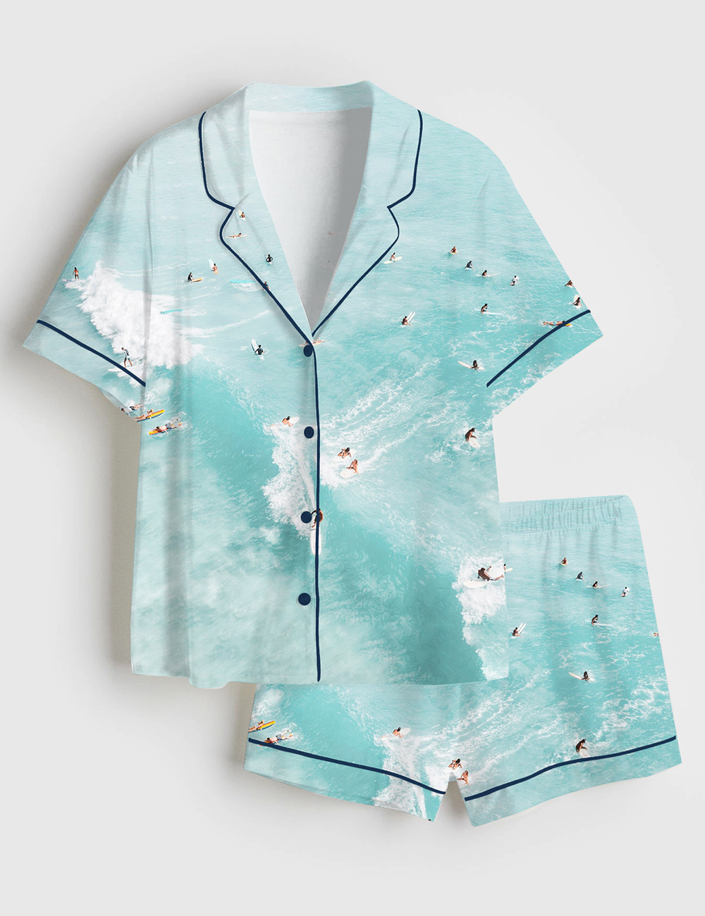 Women's Aerial Surfers Beach Boho Coastal Ocean Wave Short Sleeve Satin Pajama Set