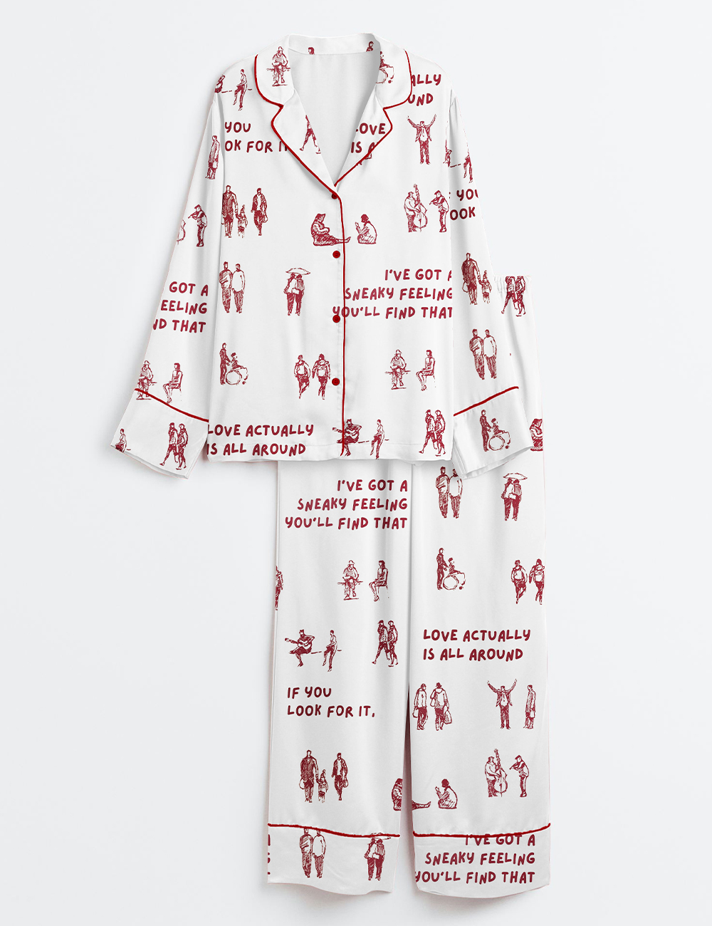 Women's Aesthetic Love Actually Is All Around Tiny Humans Walking Print Long Sleeve Satin Pajama Set