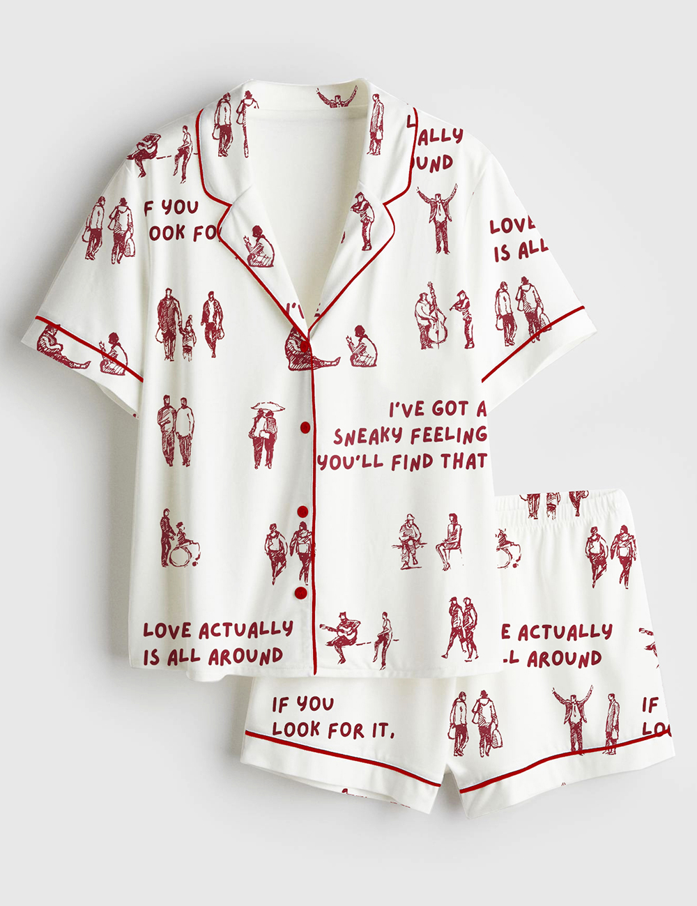Women's Aesthetic Love Actually Is All Around Tiny Humans Walking Print Short Sleeve Satin Pajama Set