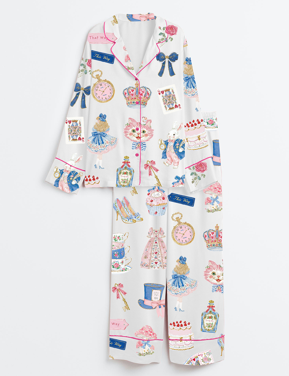 Women's Alice In Wonderland Watercolor Tea Party Long Sleeve Satin Pajama Set