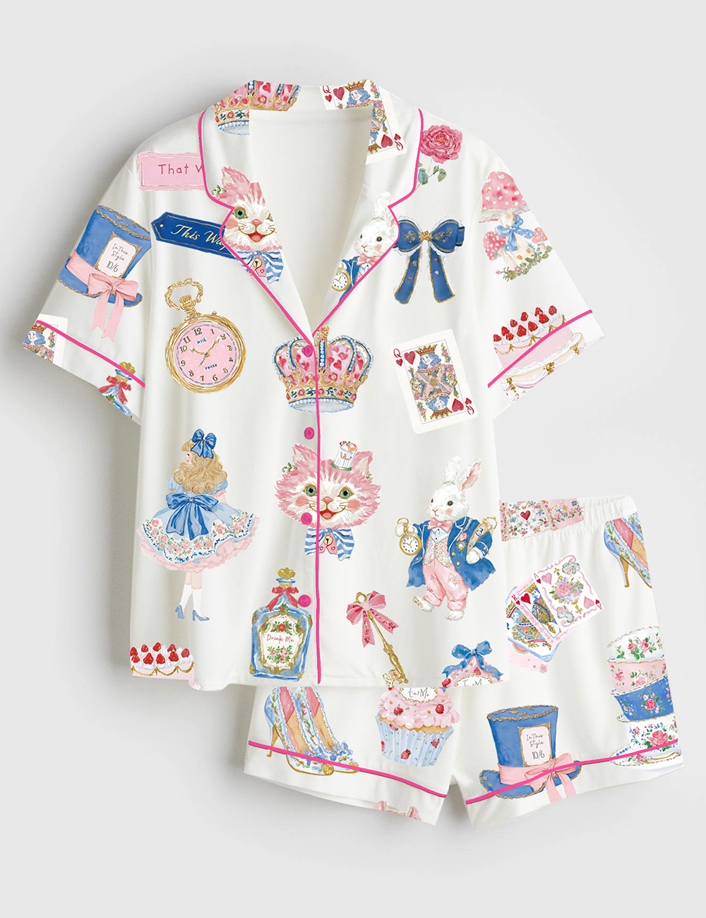 Women's Alice In Wonderland Watercolor Tea Party Short Sleeve Satin Pajama Set