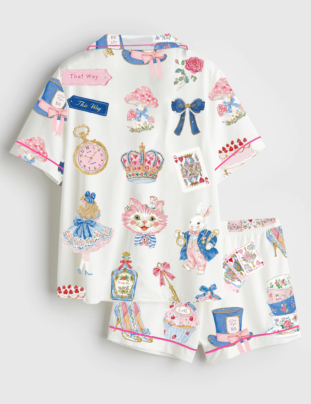 Alternative view of Women's Alice In Wonderland Watercolor Tea Party Short Sleeve Satin Pajama Set