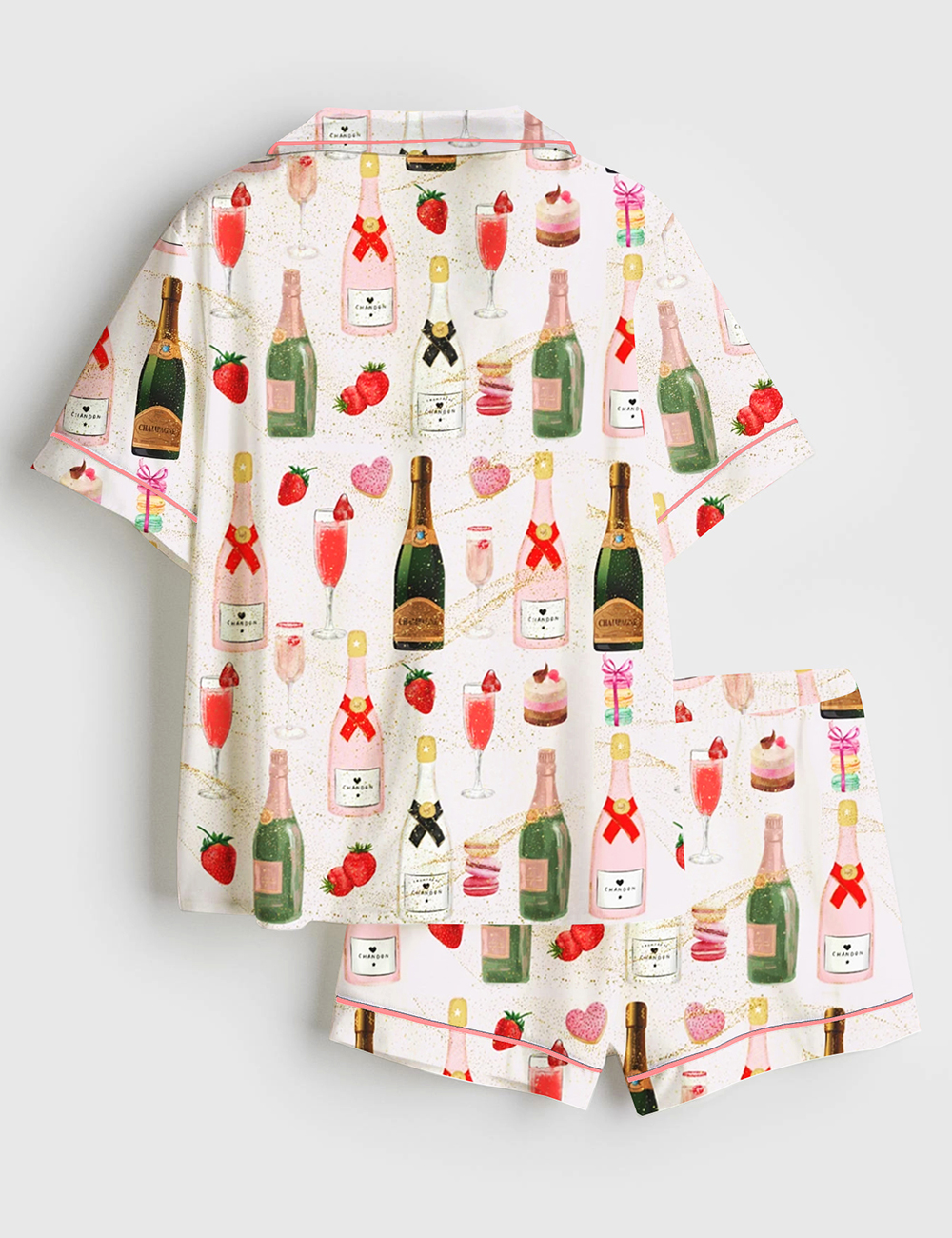 Alternative view of Women's Champagne Strawberries Macarons Romantic Short Sleeve Satin Pajama Set